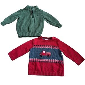 Bundle 6M Baby Boy Christmas Sweater Knit Pullover Red Green 2PC Set